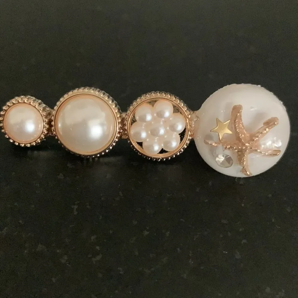 Set of 6 Pearl and Rhinestone Hair Clips Starfish Scissors Feather